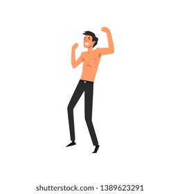 Young Man with Bare Chest Dancing and Having Fun at Open Air Concert, Rock Fest, Outdoor Summer Music Festival Vector Illustration
