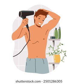 Young man with bare torso drying hair after shower flat color vector illustration. Handsome male taking care of hairstyle concept icon on white