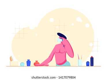 Young Man with Bare Torso Shaving in Bathroom Passing Razor for Beard while Looking at Mirror. Morning Hygiene Procedure, Every day Routine, Bathing and Washing. Cartoon Flat Vector Illustration