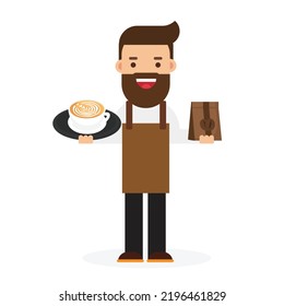 Young man barista making coffee