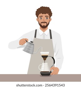 Young man barista making coffee, manual brew drip coffee and accessories. Flat vector character illustration