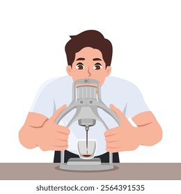 Young man Barista making espresso shot with classic espresso machine. Flat vector character illustration