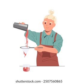 Young man bartending cartoon character filtering liquid cocktail preparing alcoholic drinks