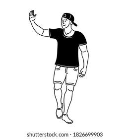 Young man in baseball cap and shorts waving hand.Flat sketch line design style minimal vector illustration.