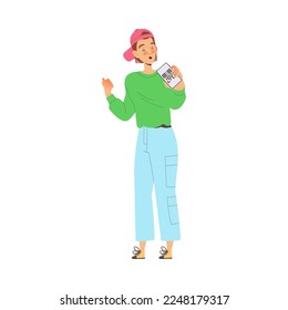 Young Man in Baseball Cap Showing QR Code on His Smartphone Vector Illustration