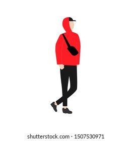 Young man in a baseball cap is walking.Flat cartoon character isolated on white background