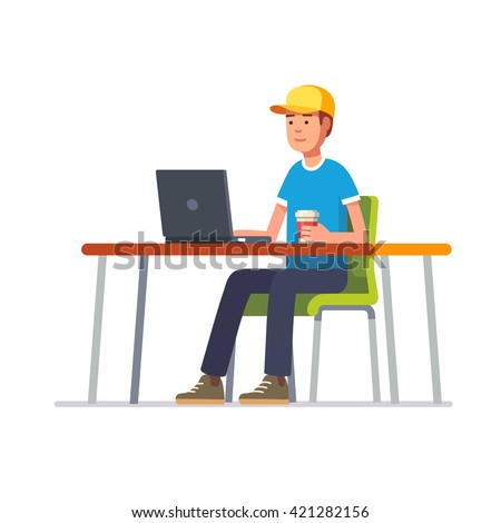 Young man in baseball cap working on a black laptop computer at his clean office desk. Flat style color modern vector illustration.