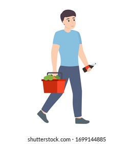Young man with a basket and a bottle of soda in hand. Isolated vector illustration