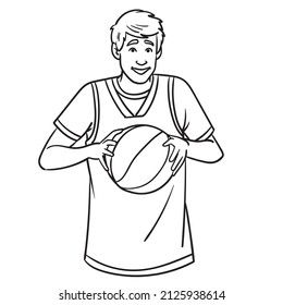 young man with basketball in hand. Comic outline monochrome vector.