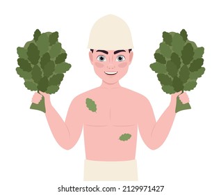 young man in a bathing suit with an oak broom in his hands. Vector illustration. smiling guy isolated on a white background.