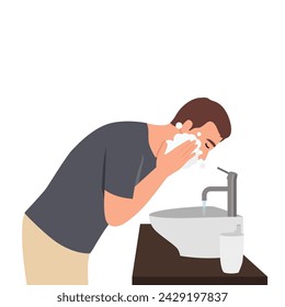 Young man in bathroom washing cleansing for acne facial treatment in sink splashing cold water onto face. Flat vector illustration isolated on white background
