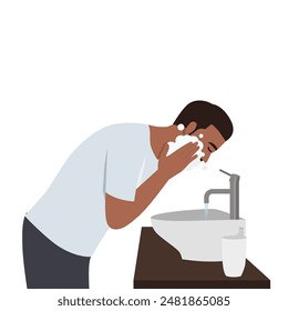 Hombre joven en baño lavado limpieza para el tratamiento facial del acné. Ilustración vectorial plana aislada sobre fondo blanco