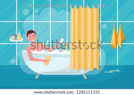 Young man in bathtub bubble foam. Bathroom home interior with bath in tile. Guy holding washcloth. picture on personal hygiene. Flat cartoon vector illustration