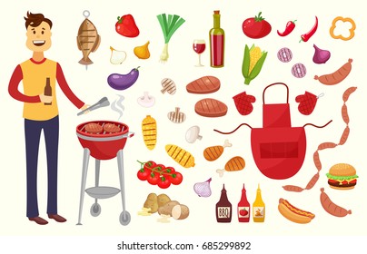 Young man and BBQ party elements isolated on white background.Products BBQ,steak,fish meat,beef, vegetables,herbs,fast food,wine and beer.Icons of meal frame of sausages.Cartoon vector illustration