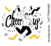 Young man be happy jump with letter Cheer up pop art element on white background, Hand drawing  Vector Illustration doodle line art style.
