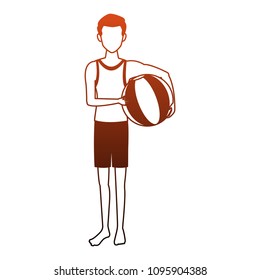 Young man with beach ball red lines
