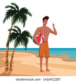 Young man with beach ball in summer time in beach at sunny day scenery vector illustration