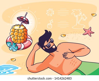 young man in beach with cocktail of pineapple summer scene