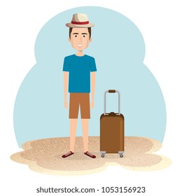 young man in the beach with suitcase