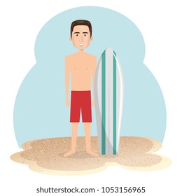 young man in the beach with surfboard