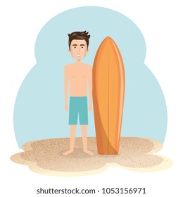 young man in the beach with surfboard