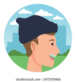 Young man with beanie hat face head profile cartoon in park round icon ,vector illustration graphic design.