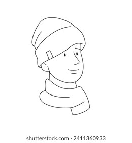 Young man with beanie hat. Mens casual headwear. Fashion linear illustration. Vector graphic. Editable stroke.