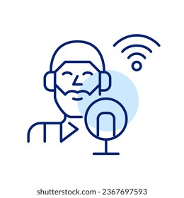 Young man with a bear at a studio microphone. Recording a podcast. Pixel perfect icon