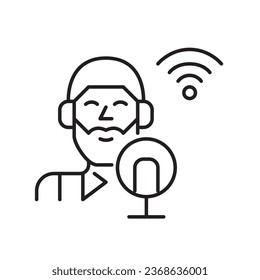 Young man with a bear at a studio microphone. Recording a podcast. Pixel perfect, editable stroke