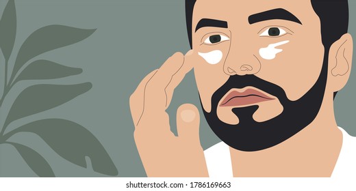 Young man with beard apply face cream on the eyes area. Flat style color vector illustration. Men's skin care concept.