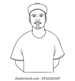 young man with beard and blue cap. outline comic
