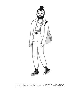 Un joven con una barba y un moño en la cabeza, con una mochila en el hombro y una cámara alrededor del cuello. Doodle, gráficas de Vector, dibujadas a mano.
