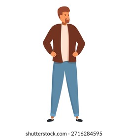 Young man with beard and casual clothes is standing with hands on hips, looking away