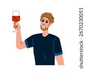 Young man with a beard, dressed in casual clothes, joyfully holding and raising a glass of red wine, celebrating a special occasion against a clean white background