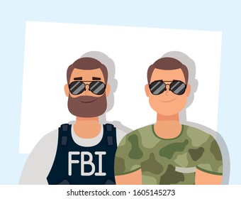 young man with beard fbi agent and military vector illustration design