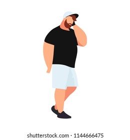 Young man with a beard in a flat style talking on phone. Casual style clothes. Man in a cap, shorts, T-shirt. Stands sideways. Vector illustration.