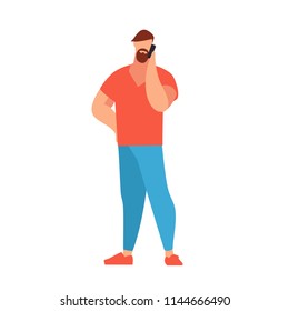 Young man with a beard and fringe in a flat style talking on phone. Casual style clothes. Man in a jeans, T-shirt. Vector illustration.