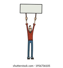 A young man with a beard and glasses, in blue jeans and a red turtleneck, holds a blank banner. The concept of a protest activist, a rally and advertisement in his hands. Vector illustration, EPS 10.