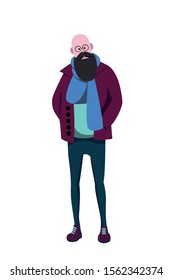 Young man with a beard and glasses in fashionable youth clothes Isolated on a white background. Hipster flat character.