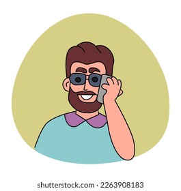 A young man with a beard and glasses is talking on the phone. Vector colored doodle portrait.