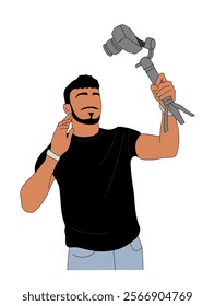 Young man with beard holding camera and doing selfie. The man wearing black shirt and blue jeans. Flat colored outline vector illustration isolated on white background.