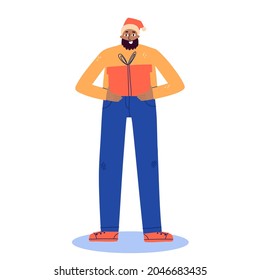 young man with a beard is holding a gift and smiling. a man in a santa hat. holidays, christmas. vector flat illustration.