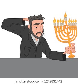 Young man with the beard, holding the traditional Hanukkah menorah