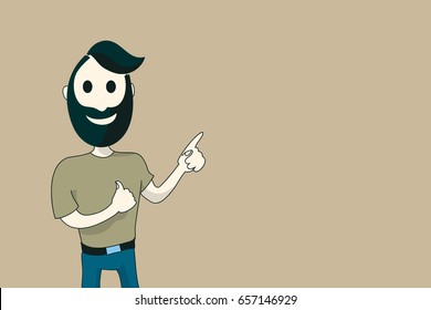 Young man with a beard holds his thumb up. Happy man points a finger up.