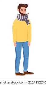 Ein junger Mann mit Bart hält ein Thermometer im Mund und misst die Temperatur. Krankheit. Angina. Pandemie. Vektorgrafik.Cold. Weißer Hintergrund. Cartoon. isoliert