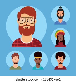 young man with beard and interracial men avatar character vector flat style design