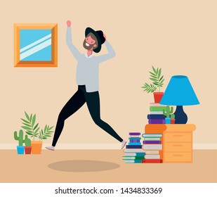young man with beard jumping in the livingroom