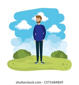 young man with beard in the landscape