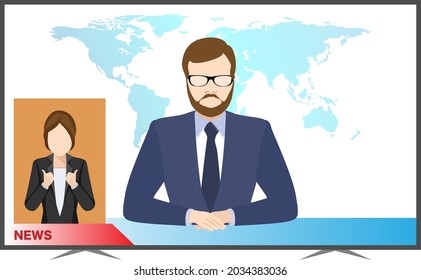 Young Man With Beard Main News Reader On A Television With Women New Reader Sign Hand Language Vector