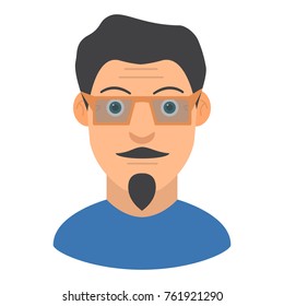 young man with a beard and moustaches in sunglasses. Hipster guy. In flat style a vector. Icon avatar.Person wearing spectacles.